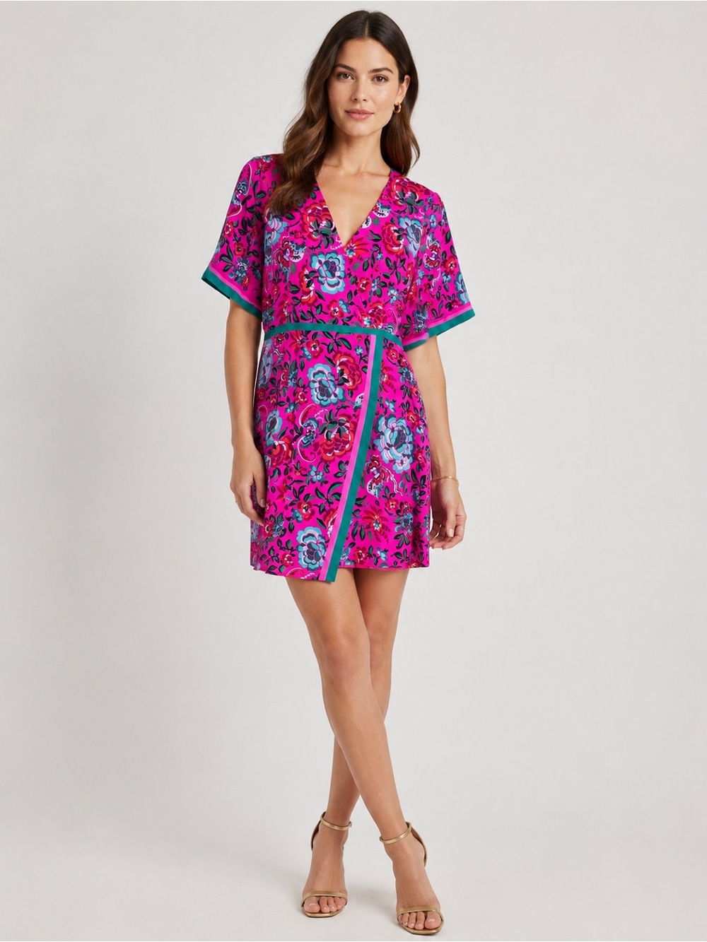 Nanette Lepore 100% Silk Hot Pink Floral Wrap-Style Mini Dress Green Trim sz 6